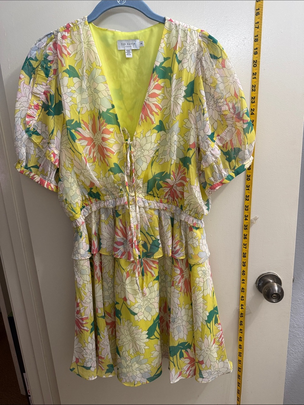 Ted Baker Yellow Floral V‑Neck Tiered Dress. Fully lined